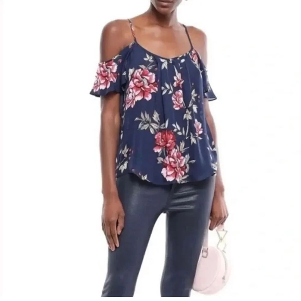 Joie Adorlee 100% Silk Print Cold Shoulder Flutter Sleeve Blouse sz XL NWT